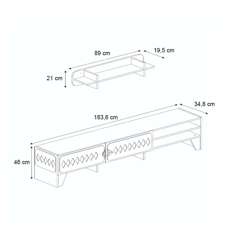 Fabiano Megapap melamine TV stand in walnut - anthracite color 183,6x34,8x46cm.