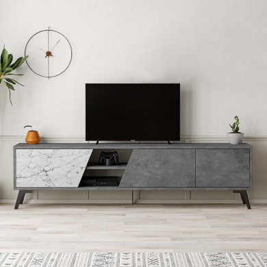 Fiona Megapap melamine TV furniture in retro grey - white marble effect color 180x35,6x48cm.