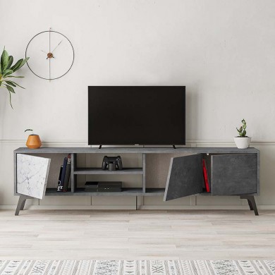 Fiona Megapap melamine TV furniture in retro grey - white marble effect color 180x35,6x48cm.