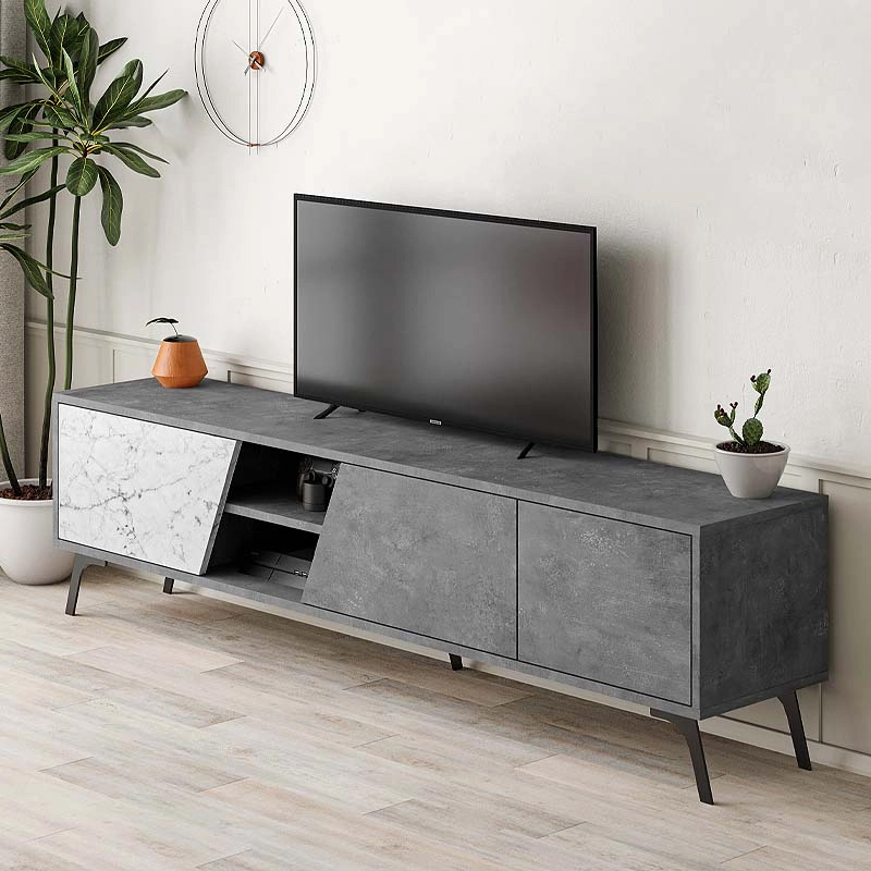 Fiona Megapap melamine TV furniture in retro grey - white marble effect color 180x35,6x48cm.