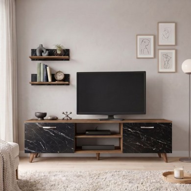 Geacles Megapap melamine tv stand in walnut - black marble effect color 180x40x50cm.