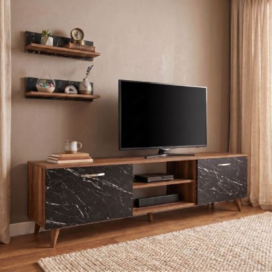 Geacles Megapap melamine tv stand in walnut - black marble effect color 180x40x50cm.