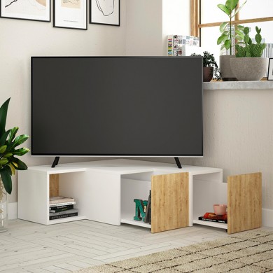 Compact Megapap corner melamine TV furniture in white - oak color 94,2x90,6x31,4cm.