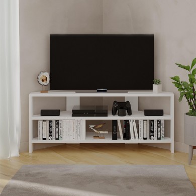 Thales Megapap corner melamine TV furniture in white color 110x36x45cm.