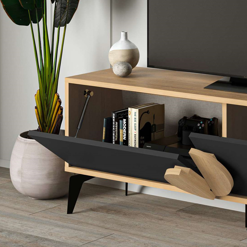Gora Megapap melamine TV stand in sapphire oak - silky black 140x35,6x51cm.