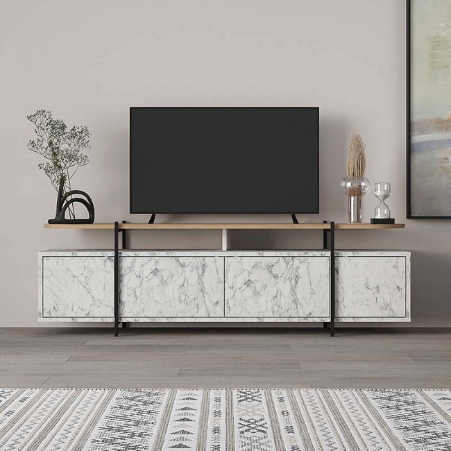 Έπιπλο τηλεόρασης Hanley Megapap χρώμα λευκό εφέ μαρμάρου 160x35,6x48εκ.