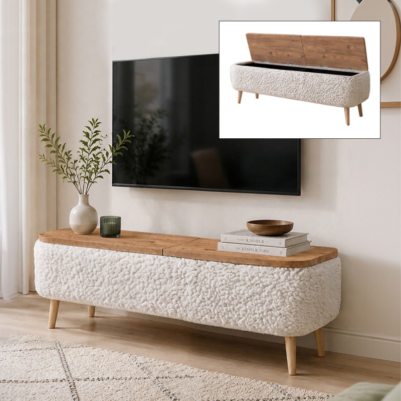 Έπιπλο τηλεόρασης Luno Megapap ύφασμα teddy χρώμα λευκό - pine oak 120x30x45εκ.