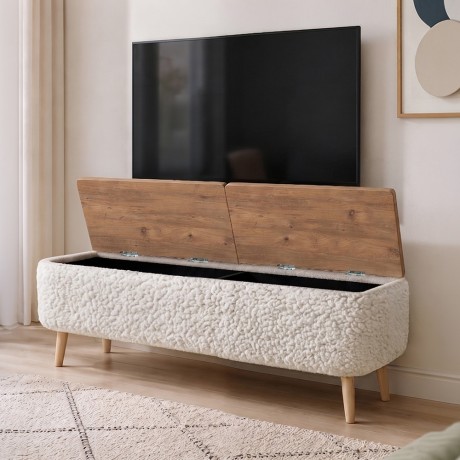 Έπιπλο τηλεόρασης Luno Megapap ύφασμα teddy χρώμα λευκό - pine oak 120x30x45εκ.