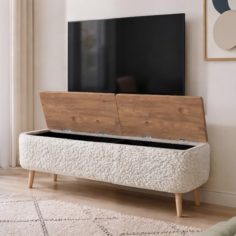 Έπιπλο τηλεόρασης Luno Megapap ύφασμα teddy χρώμα λευκό - pine oak 120x30x45εκ.