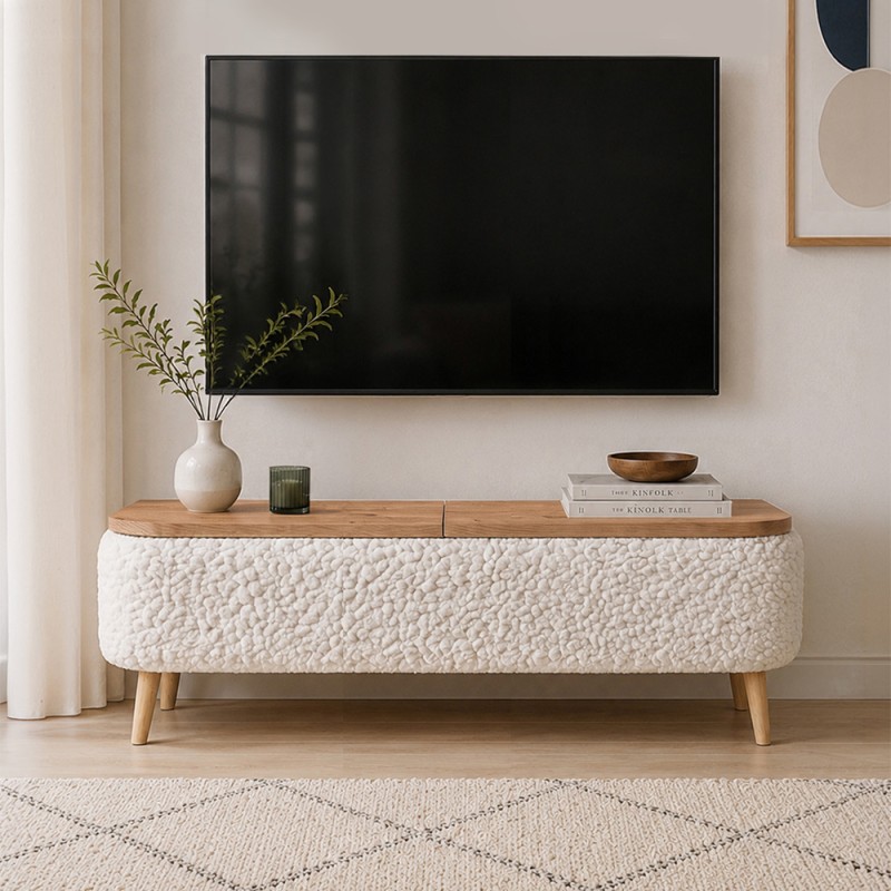 Έπιπλο τηλεόρασης Luno Megapap ύφασμα teddy χρώμα λευκό - pine oak 120x30x45εκ.