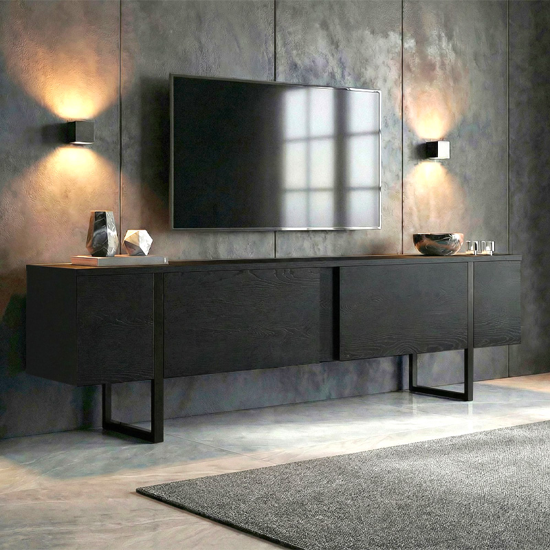 Luxe Megapap melamine TV furniture in black wood color 180x30x50cm.