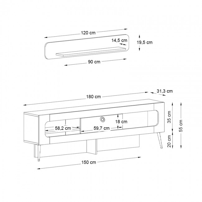 Miladra Megapap melamine TV stand in black rebab- olive color 180x31x55cm.