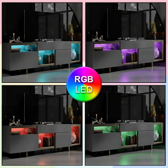 Έπιπλο τηλεόρασης Norm Megapap με Led Rgb χρώμα ανθρακί - χρυσό 180x32x55εκ.