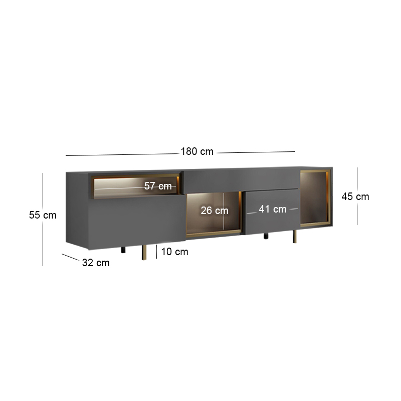 Norm Megapap melamine TV stand with Rgb Led  in anthracite - gold color 180x32x55cm.