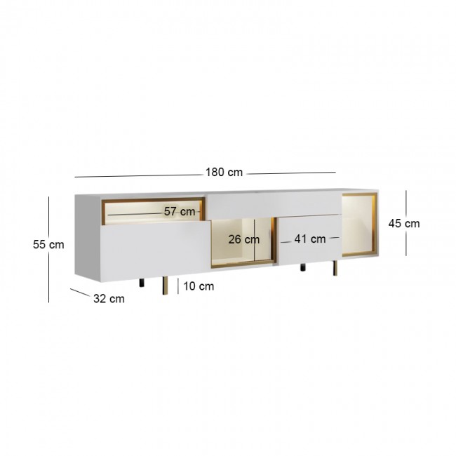 Έπιπλο τηλεόρασης Norm Megapap με Led Rgb χρώμα λευκό - χρυσό 180x32x55εκ.