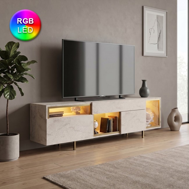 Έπιπλο τηλεόρασης Norm Megapap με Led Rgb χρώμα travertine - χρυσό 180x32x55εκ.