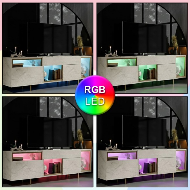 Έπιπλο τηλεόρασης Norm Megapap με Led Rgb χρώμα travertine - χρυσό 180x32x55εκ.