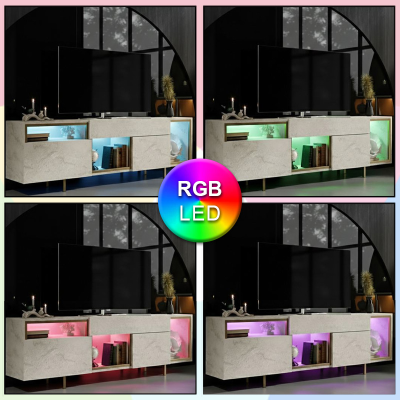 Norm Megapap melamine TV stand with Rgb Led  in travertine - gold color 180x32x55cm.