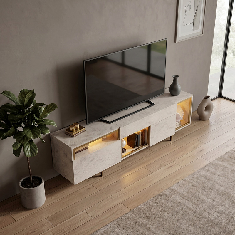 Norm Megapap melamine TV stand with Rgb Led  in travertine - gold color 180x32x55cm.