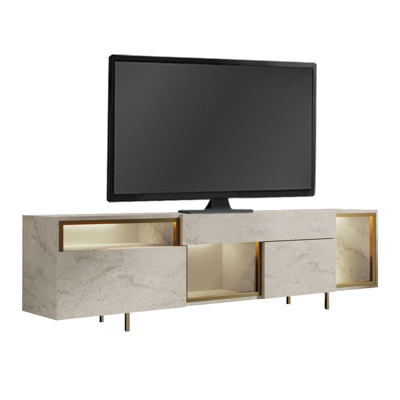 Norm Megapap melamine TV stand with Rgb Led  in travertine - gold color 180x32x55cm.