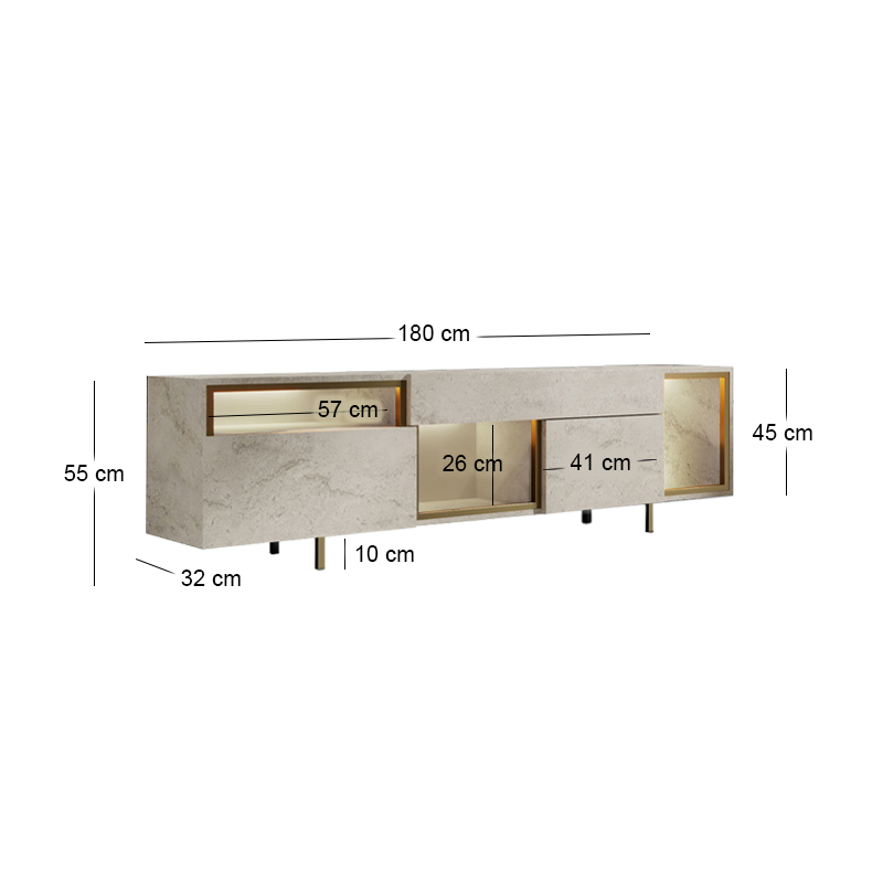 Norm Megapap melamine TV stand with Rgb Led  in travertine - gold color 180x32x55cm.