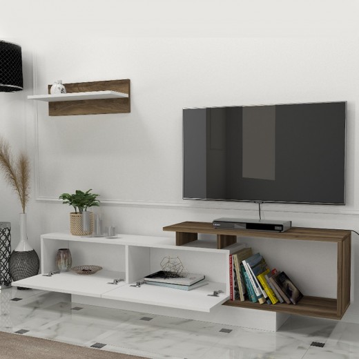 Έπιπλο τηλεόρασης Novara Megapap χρώμα λευκό - καρυδί 180x29,6x45εκ.