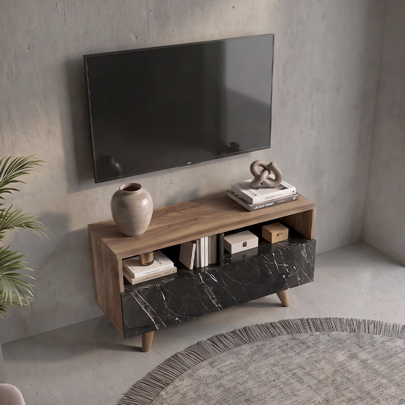Έπιπλο τηλεόρασης Novela Megapap χρώμα καρυδί - μαύρο εφέ μαρμάρου 90x29,5x50εκ.