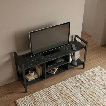 Έπιπλο τηλεόρασης Santana Megapap μεταλλικό - μελαμίνης χρώμα μαύρο εφέ μαρμάρου 120x35x61εκ.