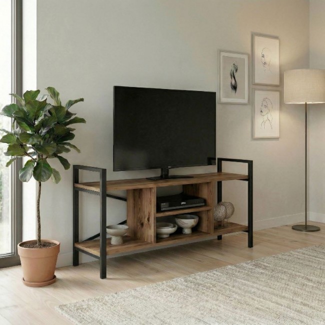 Santana Megapap metal - melamine TV stand in black - smoked walnut color 120x35x61cm.