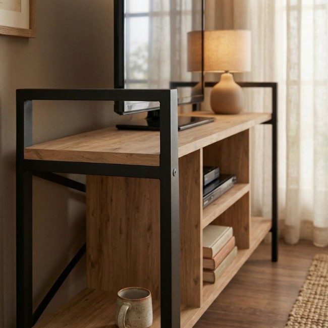 Santana Megapap metal - melamine TV stand in black - pine oak color 120x35x61cm.