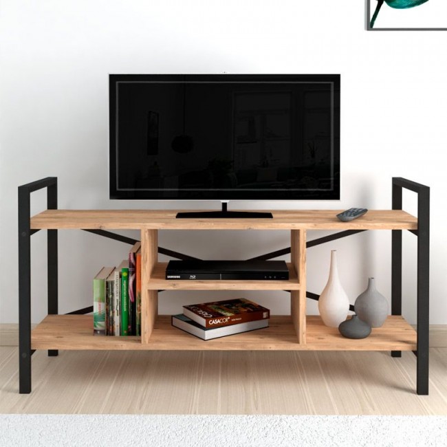 Santana Megapap metal - melamine TV stand in black - pine oak color 120x35x61cm.