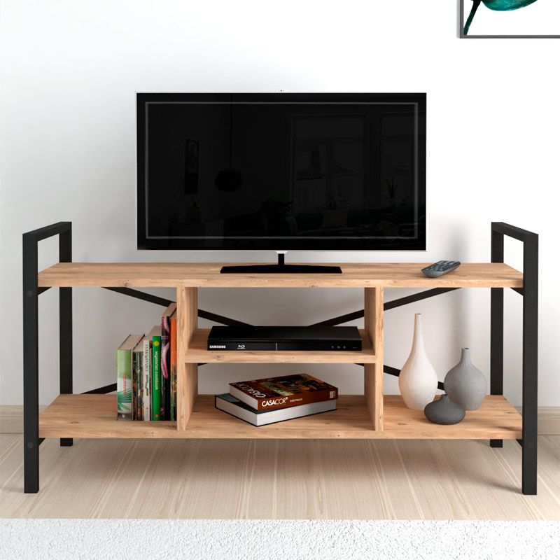 Santana Megapap metal - melamine TV stand in black - pine oak color 120x35x61cm.