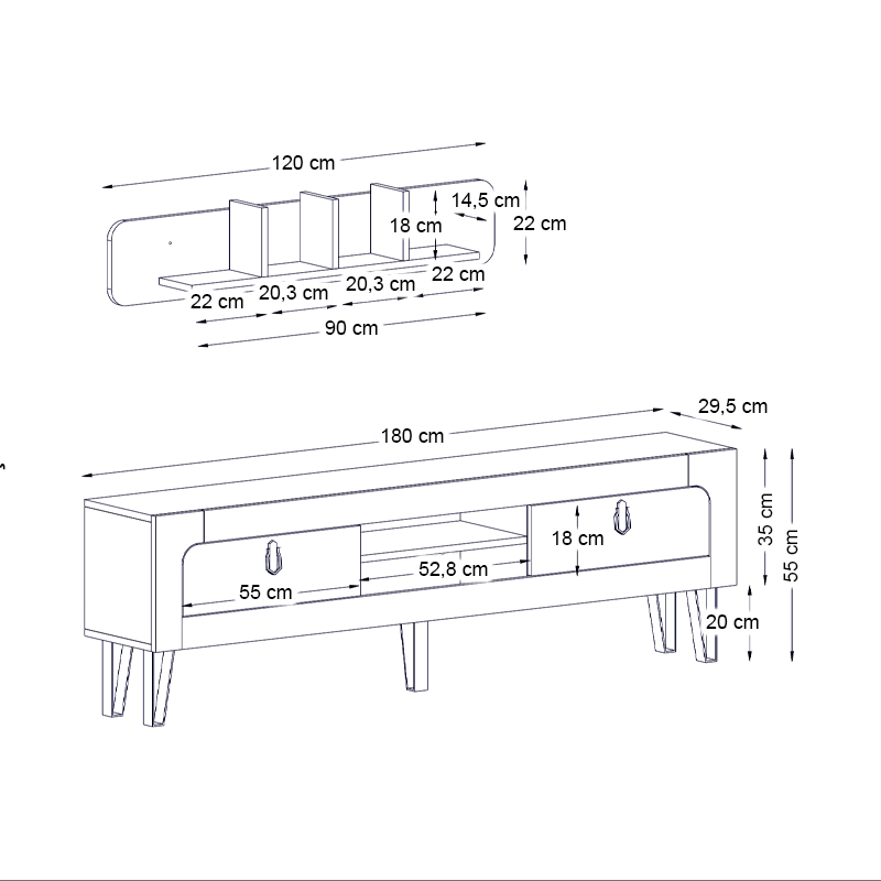 Taragona Megapap melamine TV stand in black rebab color 180x29,5x55cm.