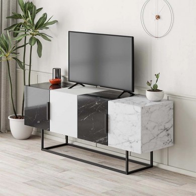 Tontini Megapap melamine TV stand in black marble effect - white 140x37,5x55cm.