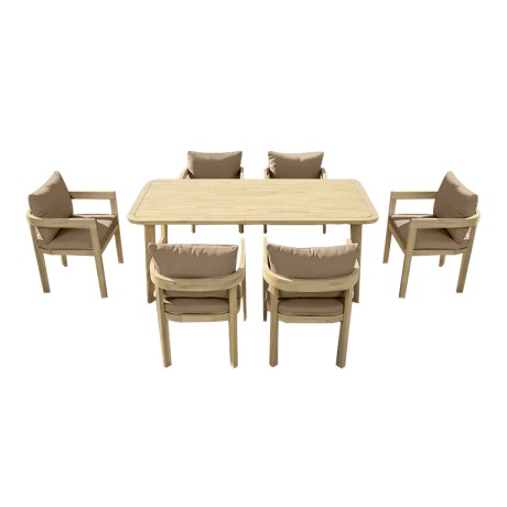 FLORIDA Dining Set (Table 180x90cm+6 Armchairs) Acacia, Cushions Cappuccino