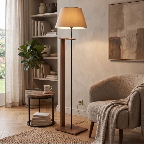 Φωτιστικό δαπέδου Moris Megapap MDF - ύφασμα PVC χρώμα καρυδί - μπεζ Φ38x150εκ.