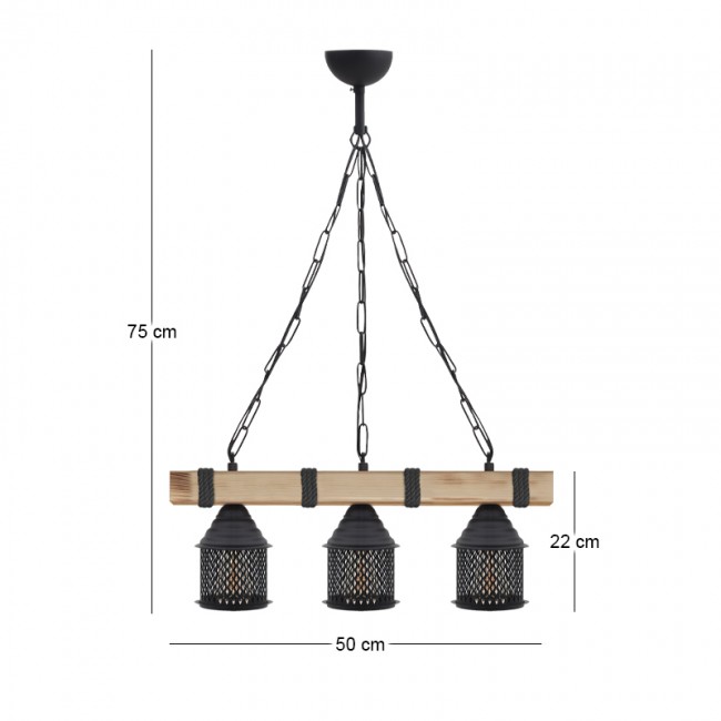 Φωτιστικό οροφής Elora Megapap E27 ξύλινο - μεταλλικό τρίφωτο χρώμα φυσικό - μαύρο 50x13x75εκ.