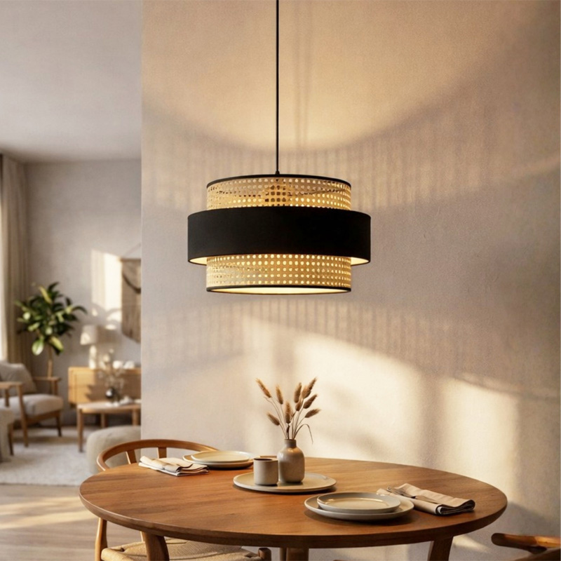 Orvia Megapap E27 rattan ceiling lamp in natural - black color Ø30x70cm.