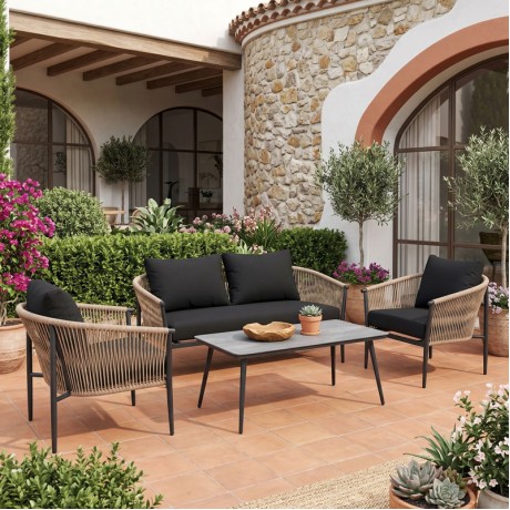 GASBA Set (4pcs) Alu Anthracite/Rope Wicker Natural/Cushions Dark Grey