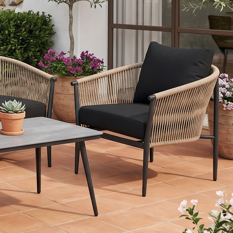 GASBA Set (4pcs) Alu Anthracite/Rope Wicker Natural/Cushions Dark Grey