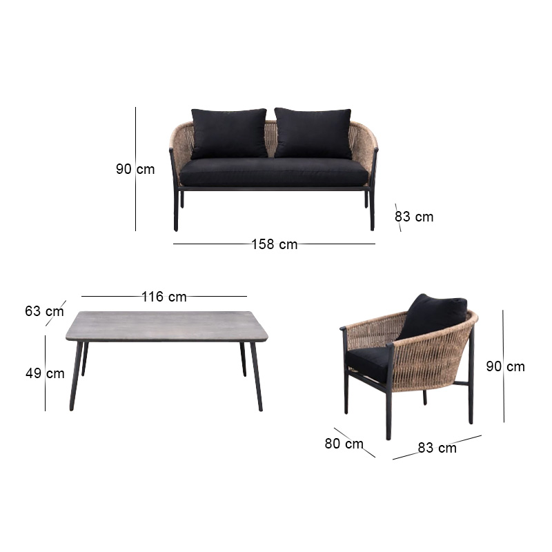 GASBA Set (4pcs) Alu Anthracite/Rope Wicker Natural/Cushions Dark Grey