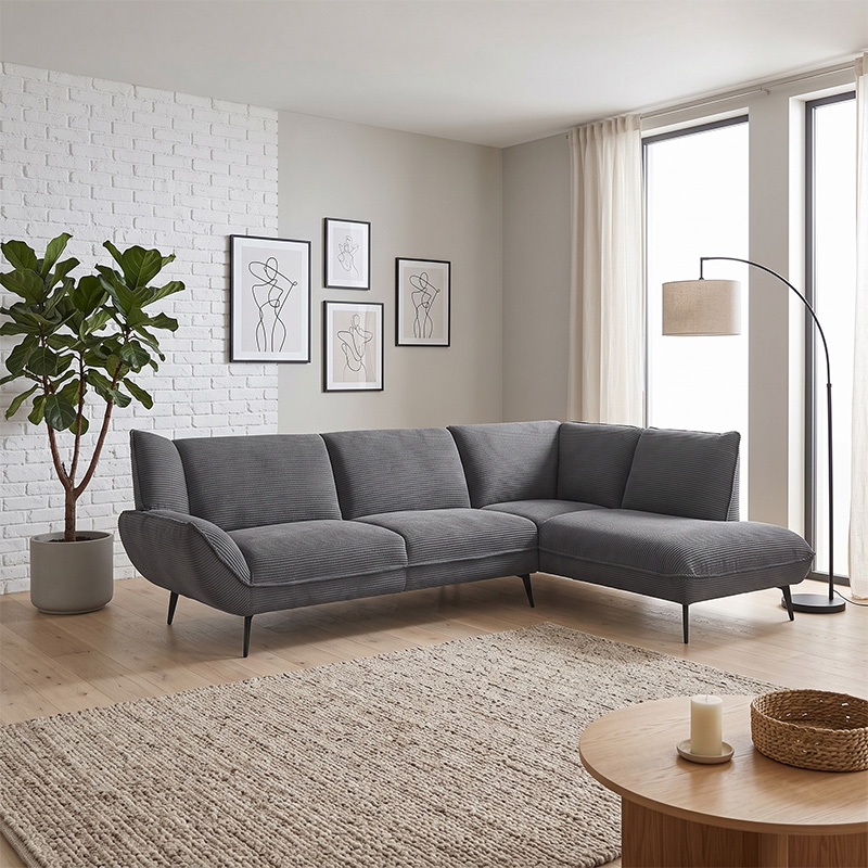 EMERALD Right Facing Corner Sofa Anthracite Corduroy Fabric