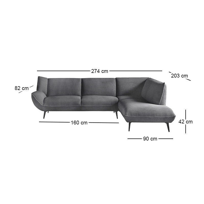 EMERALD Right Facing Corner Sofa Anthracite Corduroy Fabric