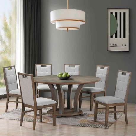 GORDON Set (Table D150+6 Chairs) Antique Grey Walnut, Fabric Grey
