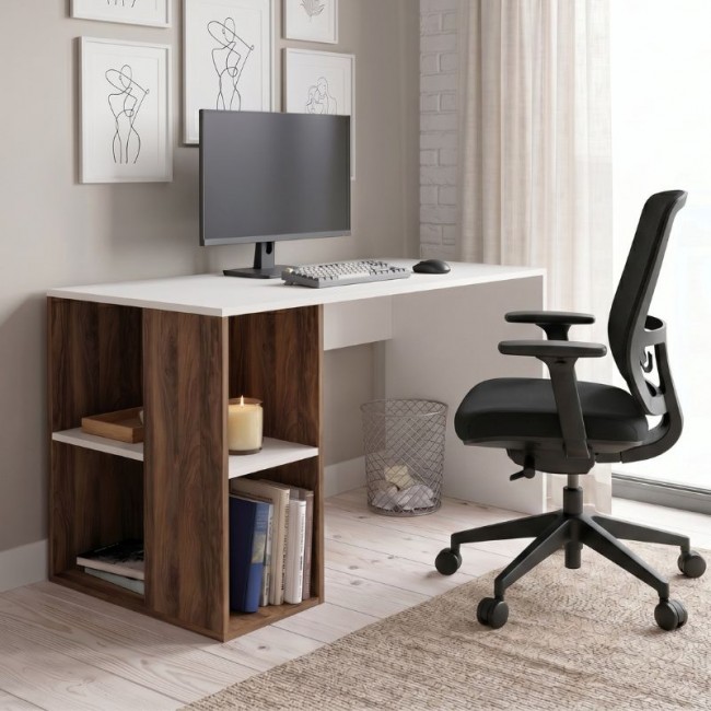 Coral Megapap melamine desk in white - walnut color 140x60x75cm.