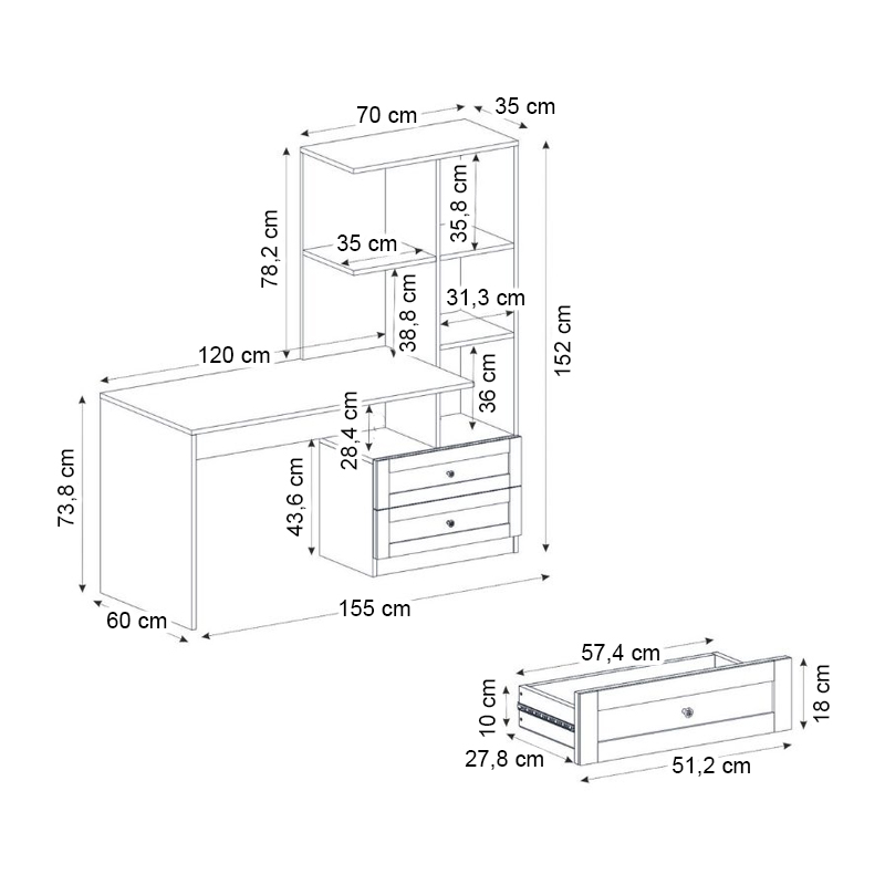 Mantra Megapap melamine office desk in white color 155x60x152cm.