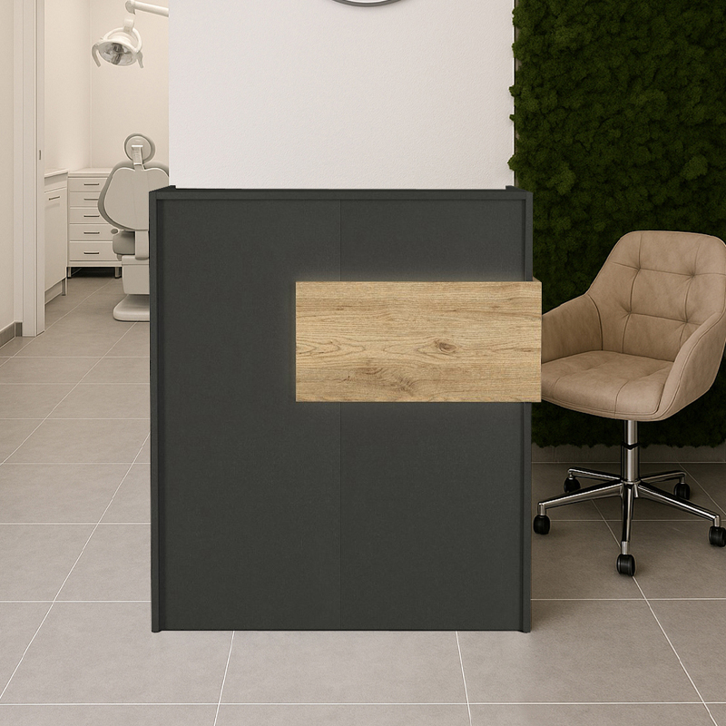 Aloha Megapap melamine welcome desk - reception with LED in anthracite - sepet oak color 95,5x40x110.3cm.