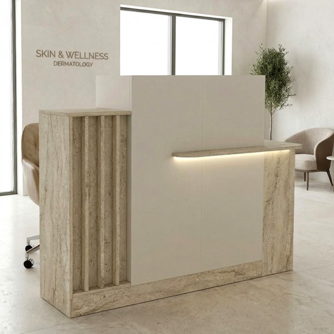 Dayana Megapap melamine welcome desk - reception with LED in travertine - sandstone color 150x85.2x120cm.