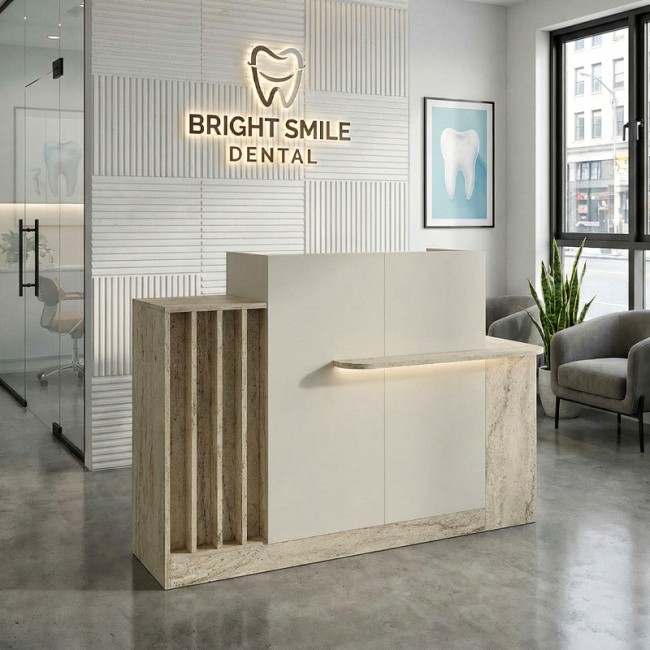 Dayana Megapap melamine welcome desk - reception with LED in travertine - sandstone color 150x85.2x120cm.