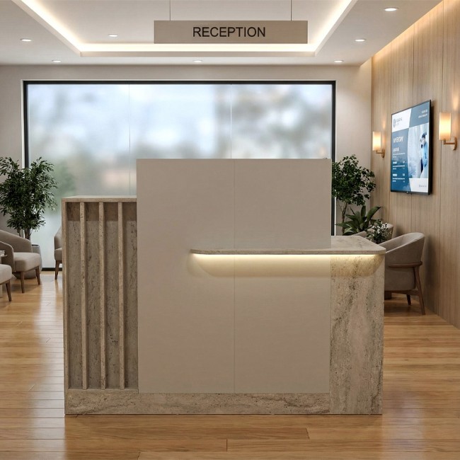 Dayana Megapap melamine welcome desk - reception with LED in travertine - sandstone color 150x85.2x120cm.